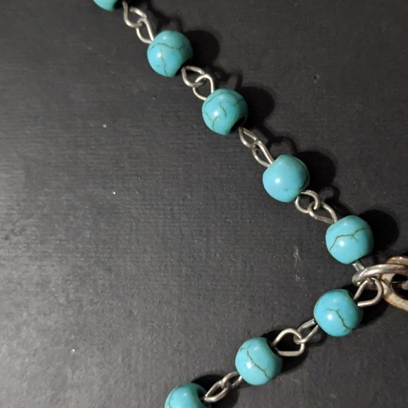 Silver Tone Faux Turquoise Blue Feather Charm Dangle Long Statement Necklace - Picture 5 of 6